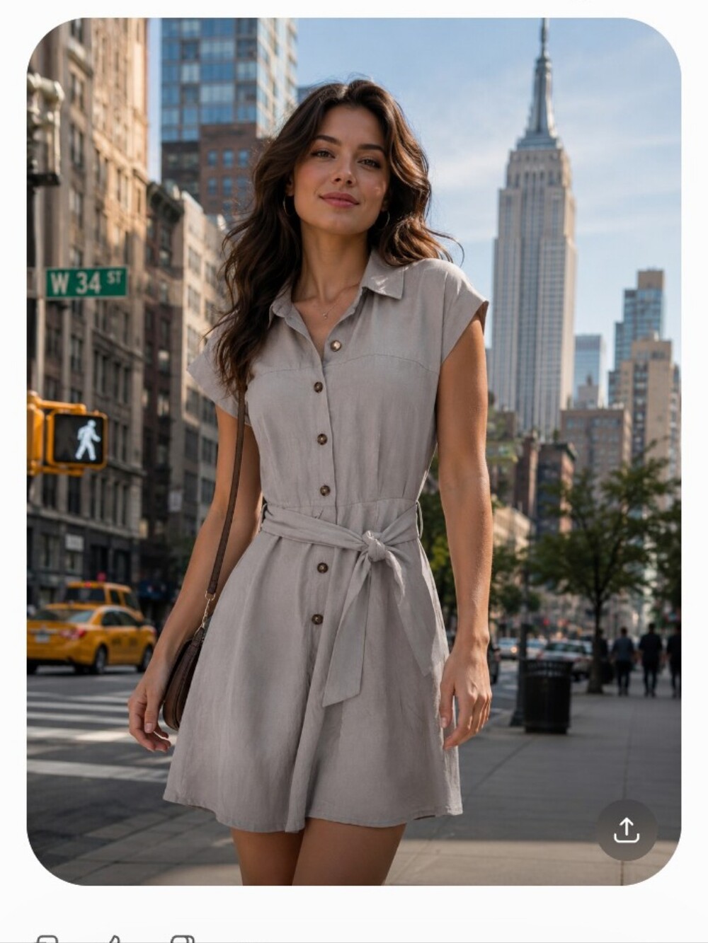 Calvin Klein Classic Collared Belted Shirt Dress in Light Taupe Linen Blend.